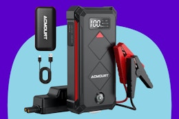 Acmount P100 Car Jump Starter on a blue background.