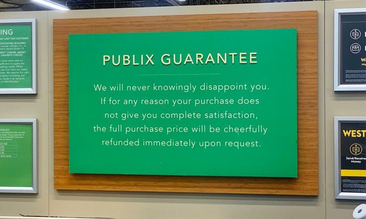 The Publix Promise guarantees that any item ringing up above the advertised price will be sold to the customer for free.