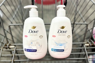 two bottles of dove hand wash in a shopping cart