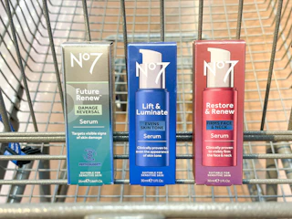 3 no7 beauty serums sitting in a walmart cart