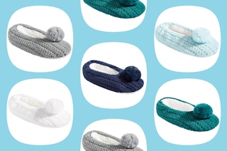 a collage with a blue background featuring different colors of women's pom pom socks