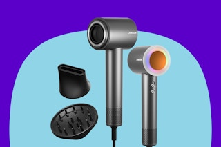 An ionic high speed hair dryer shown from the front and the back. The back is glowing. A diffuser and an air-concentrating attachment