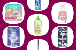 purple and white collage of personal care and beauty products