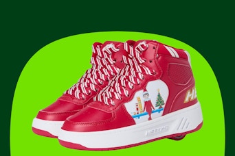 Elf on the Shelf Heelys on a light and dark green background. 