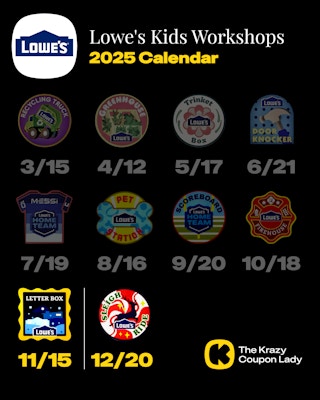 Calendar of 2025 Lowe's Kids Workshops