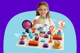 Girl using the Gohero Circuits Science Kit on a purple background.
