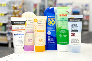 sunscreen products on a store counter