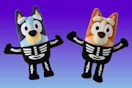 Bluey & Bingo plush toys side by side (both in a skeleton theme for Halloween)