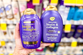 a purple shampoo and conditioner set on a purple background