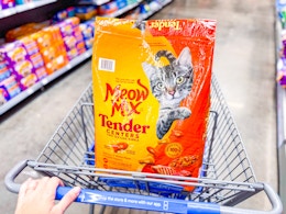 hand pushing walmart cart with a bag of meow mix dry cat food