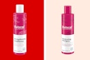 two pink and white bottles of shampoo and conditioner
