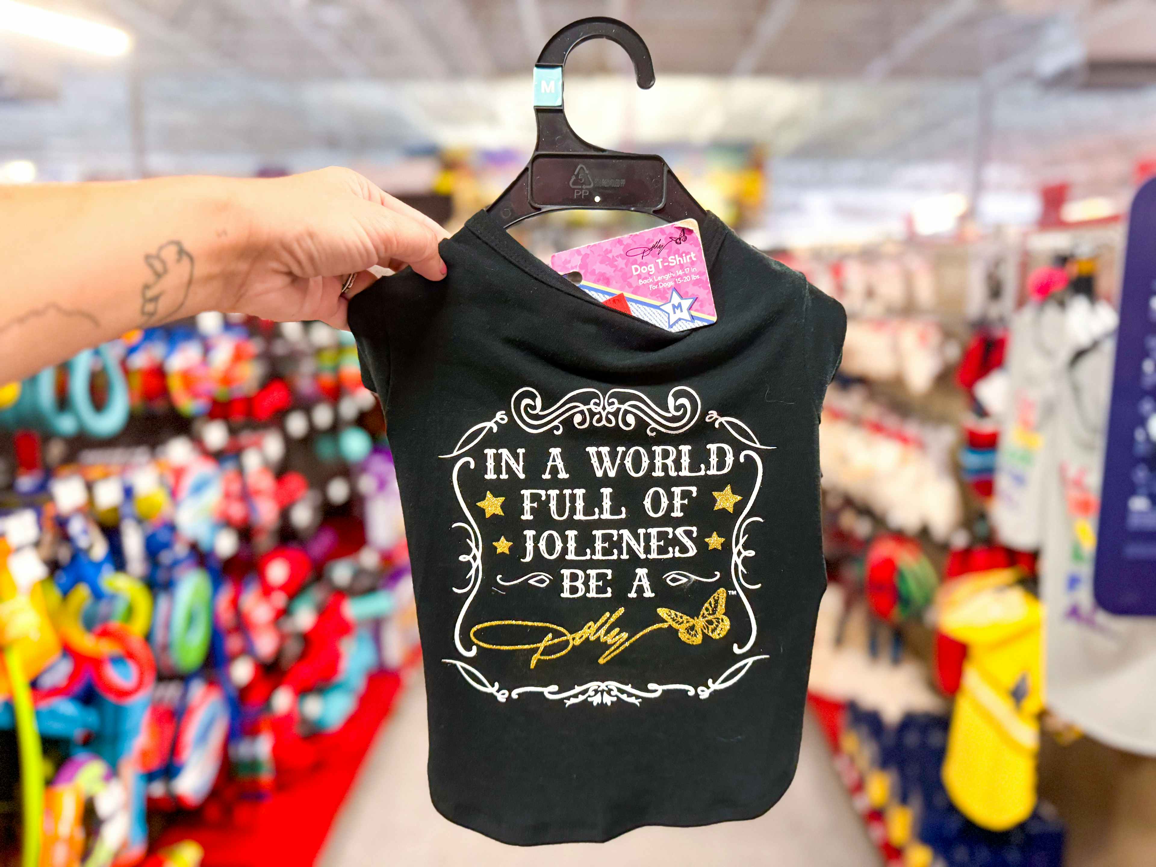 person holding a dog tshirt that says in a world full of jolenes be a dolly