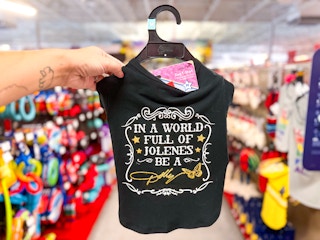 person holding a dog tshirt that says in a world full of jolenes be a dolly