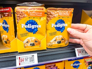 hand holding a pedigree pouch on walmart shelf