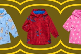 Bluey, Spiderman, and Barbie toddler rain jackets