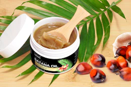 a jar of batana oil on a palm leaf