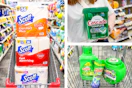 collage image of scott paper products, gain detergent, and cascade pods