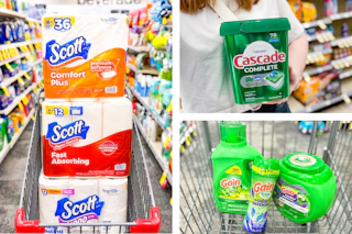 collage image of scott paper products, gain detergent, and cascade pods