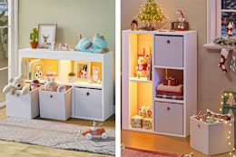 2 lifestyle images of the Pinmoco 5-cube organizer in 2 different home settings