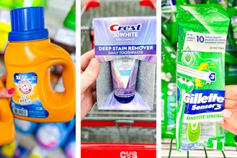 collage image of arm & hammer detergent, crest toothpaste, and gillette razor