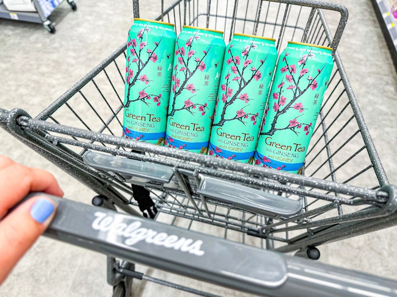 4 cans of arizona tea in a cart