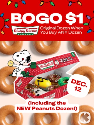 a graphic showing the new peanuts krispy kreme dozen 