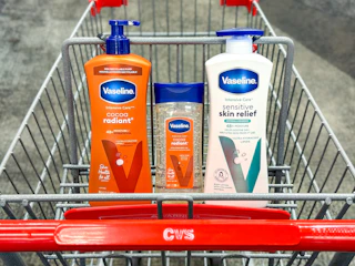 three vaseline lotion products in a cvs shopping cart