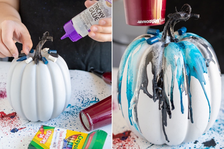 someone putting crayons on a faux pumpkin and melting them with a hair dryer