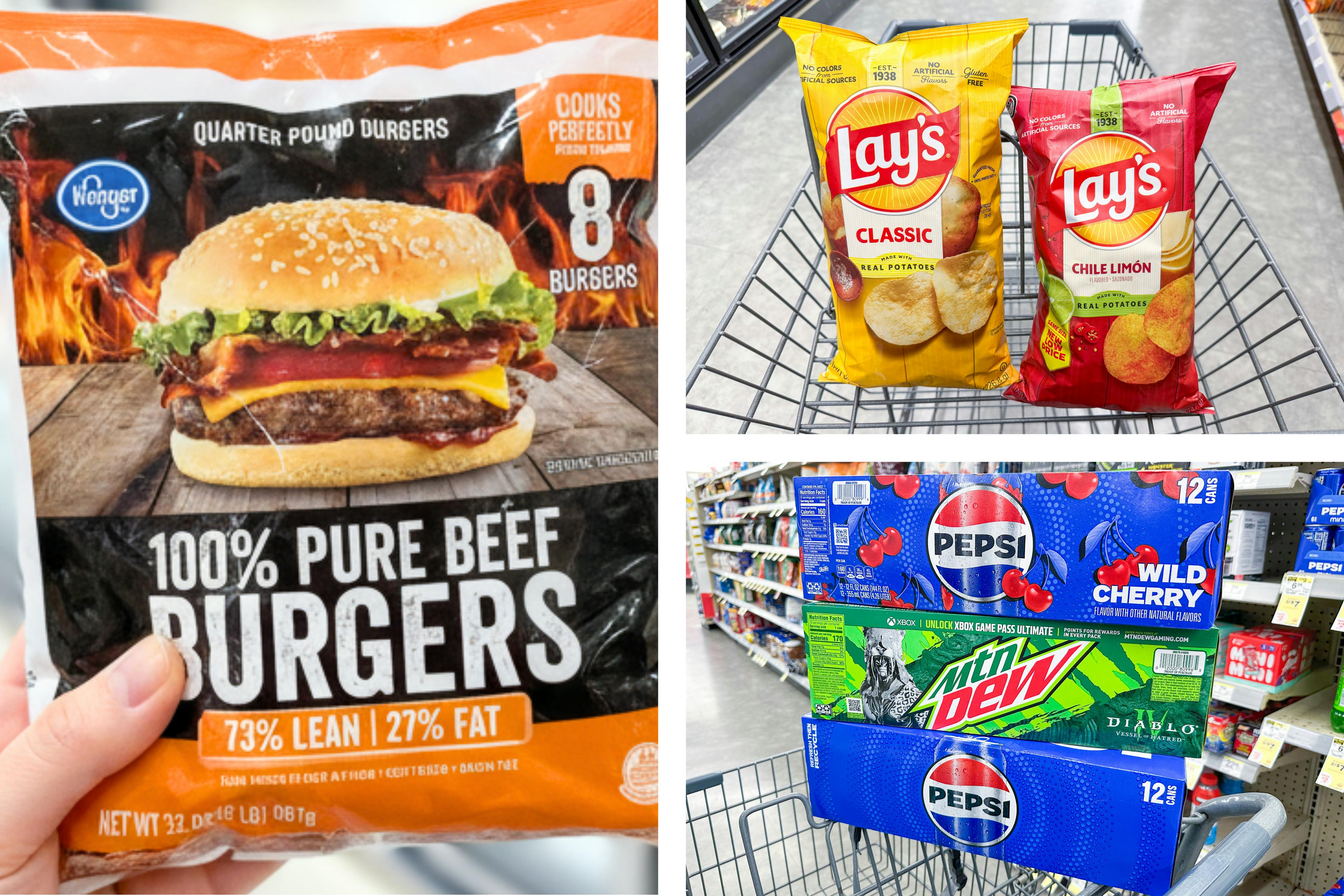 collage with kroger burgers, lay's chips, and pepsi 12-pack sodas