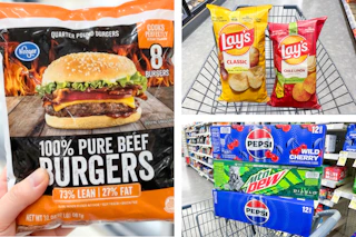 collage with kroger burgers, lay's chips, and pepsi 12-pack sodas