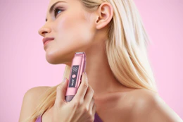 woman holding bikini trimmer to face