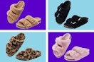 Fuzzy Cork Footbed Slippers with buckles: black, brown, leopard, light pink