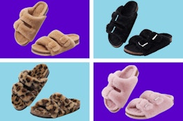 Fuzzy Cork Footbed Slippers with buckles: black, brown, leopard, light pink