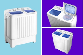 mini washer and dryer on a blue and purple background