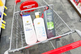 shopping cart with three dove body washes