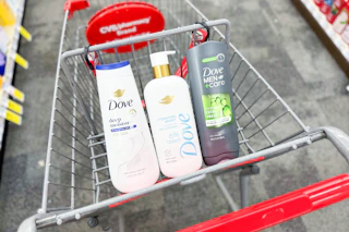three dove body washes in a cvs shopping cart
