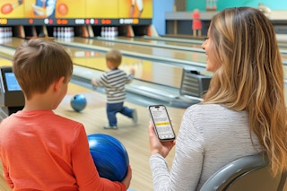 a mom and her kids at a bowling alley, the mom is looking at the KCL app