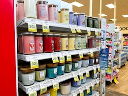 Yankee candles display with clearance tags