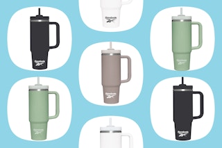 collage on a blue background of Reebok Lifestyle 40 oz Tumblers with handles on sale at Proozy
