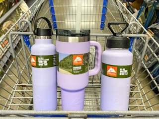ozark trail tumbler and two water bottles in walmart cart