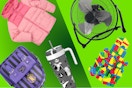 Swiss Tech coat, Weddnesday mini backpack, Halloween tumbler, garage fan, Melissa & Doug blocks