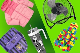 Swiss Tech coat, Weddnesday mini backpack, Halloween tumbler, garage fan, Melissa & Doug blocks