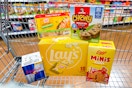 walmart oscar mayer, quaker, lay's, red bull, eggo items in a shopping cart