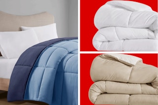 Three views of a down-alternative comforter in blue, white, and tan