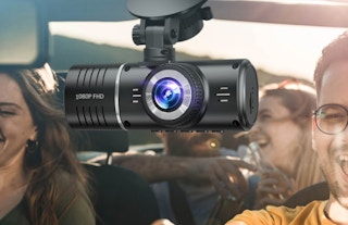 a dash cam facing the outside of the car full of people