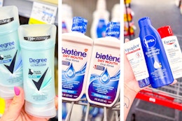 collage image of degree deodorant, biotene mouthwash, and nivea, eucerin, and aquaphor lotions