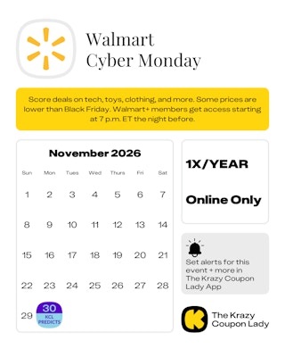 Calendar graphic of Walmart Cyber Monday predicted for nov 30 2026