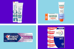 collage with sensodyne, therabreath, crest, and colgate toothpaste products