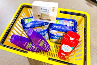 ivory, aussie, always, old spice products in yellow shopping basket