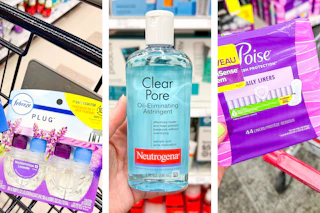 collage image of febreze plug refills, neutrogena astringent, and poise liners